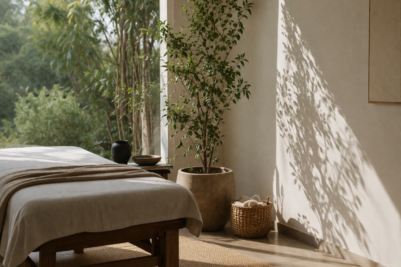 A calm treatment room with soft natural light