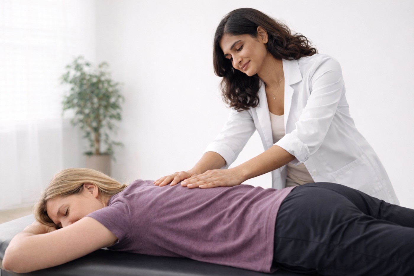 A therapist performing gentle myofascial release on a patient