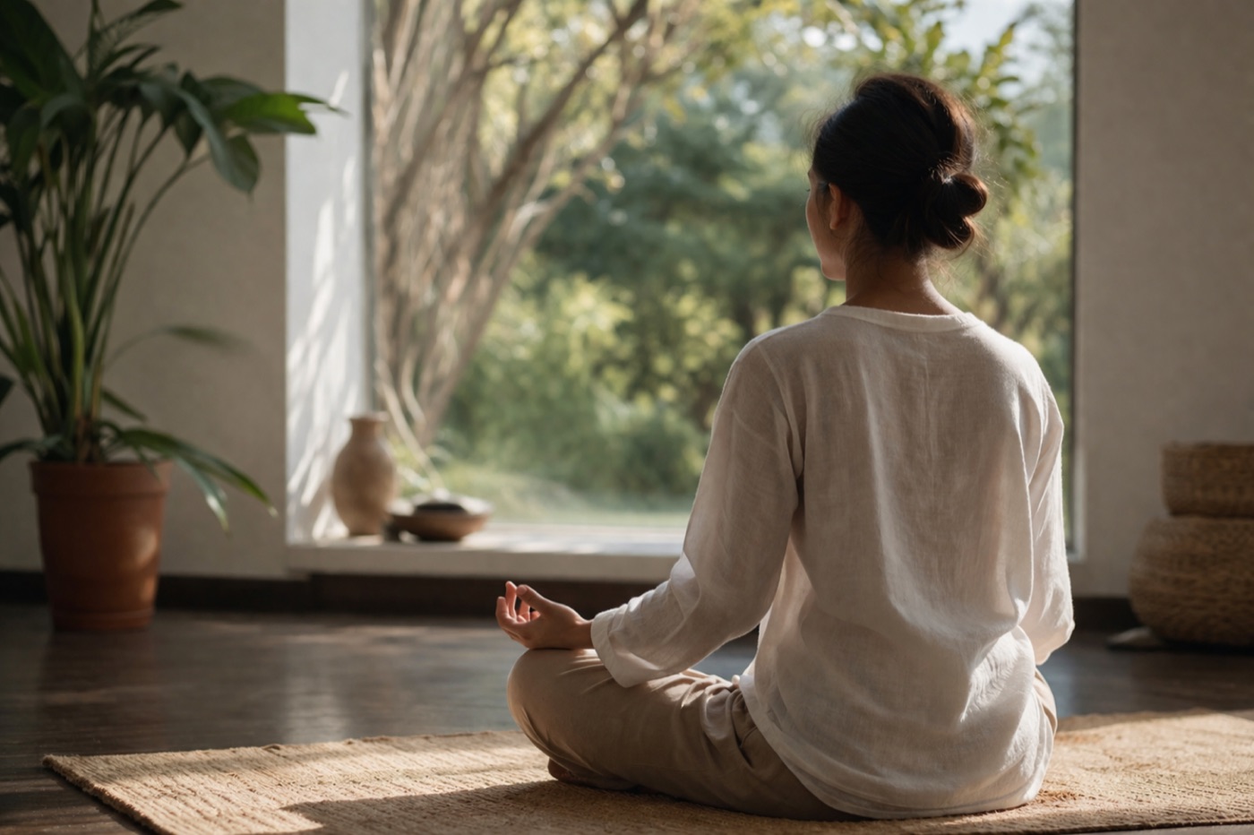 A person sitting in quiet meditation by a sunlit window